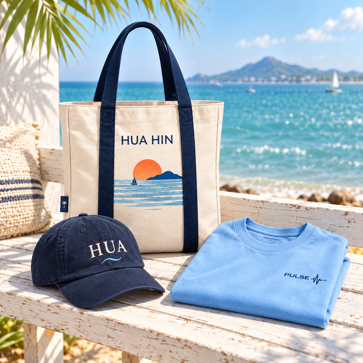 Coastal collection concept: Hua Hin tote, HUA cap and sky-blue PULSE tee beside the sea